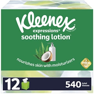 Kleenex Expressions Soothing Lotion Facial Tissues with Coconut Oil, Aloe & Vitamin E, 12 Boxes, 45 Tissues per Box, 3-Ply (540 Total Tissues)
